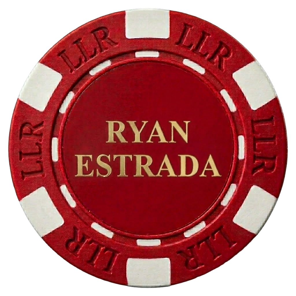 Live Like Ryan challenge coin: a red-and-white poker chip with Ryan Estrada’s name in gold