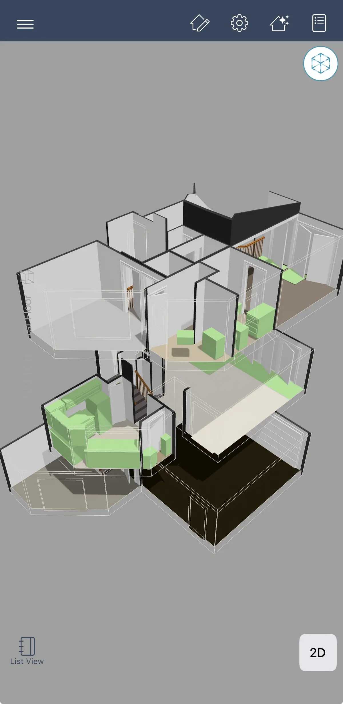 A closer angle of the same property sketch, with interior walls, openings, and connecting stairs