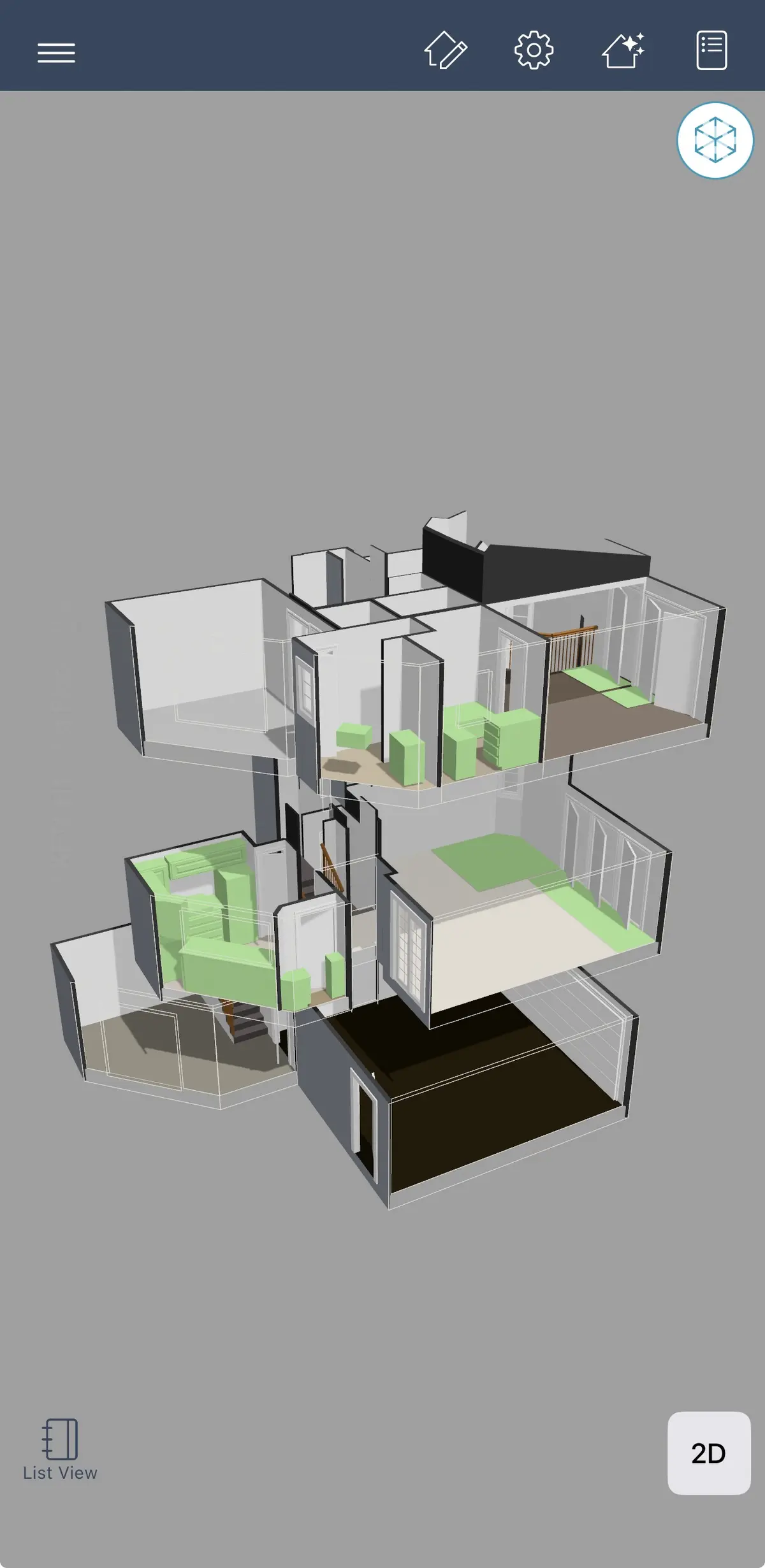 Three-story property sketch in a 3D overview, showing the relationship between floors and stairways